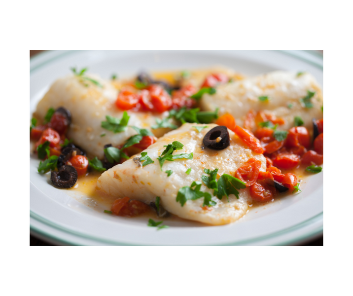 Steamed White Fish with Tomato & Olive Sauce